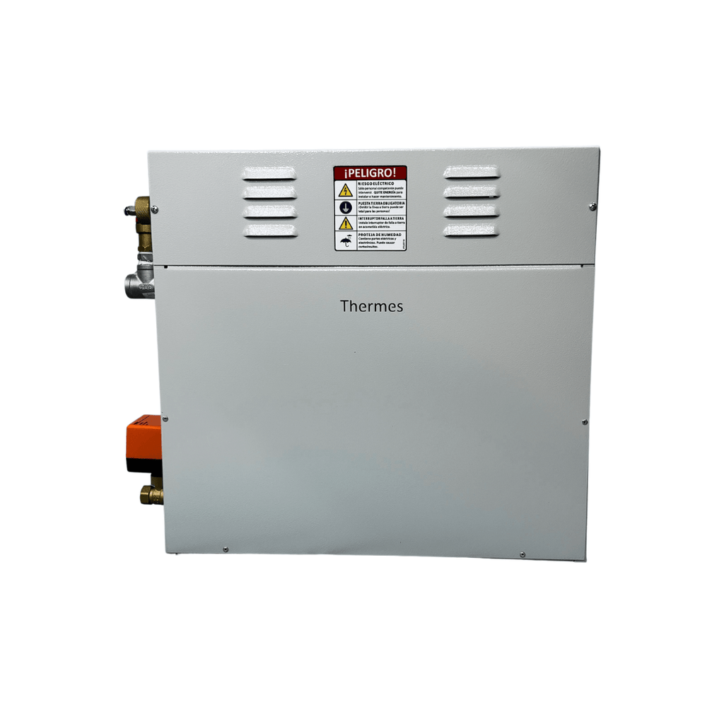Generador de vapor para baño turco de 6 kW, 220V, 2PH, con control digital y boquilla de salida de vapor. Marca Thermes.