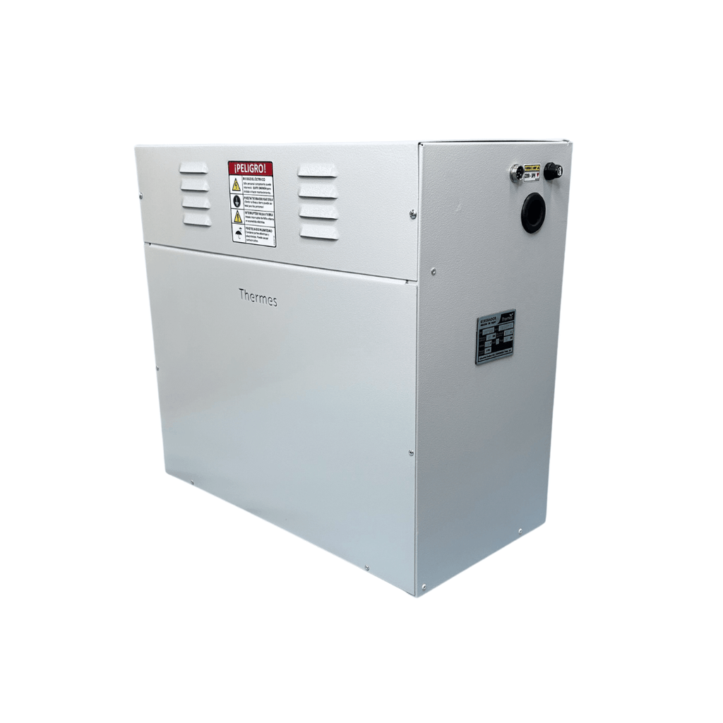 Generador de vapor para baño turco de 6 kW, 220V, 2PH, con control digital y boquilla de salida de vapor. Marca Thermes.