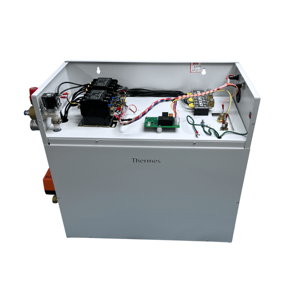 Generador de vapor para baño turco de 6 kW, 220V, 2PH, con control digital y boquilla de salida de vapor. Marca Thermes.