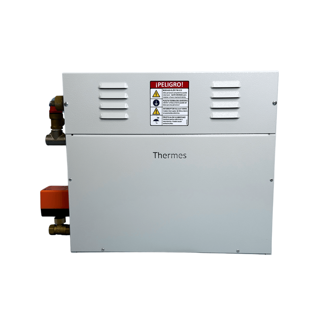 Equipo para baño turco 10kW, 220V, 2PH, con control digital, drenaje automático y boquilla de salida de vapor. Marca Thermes.