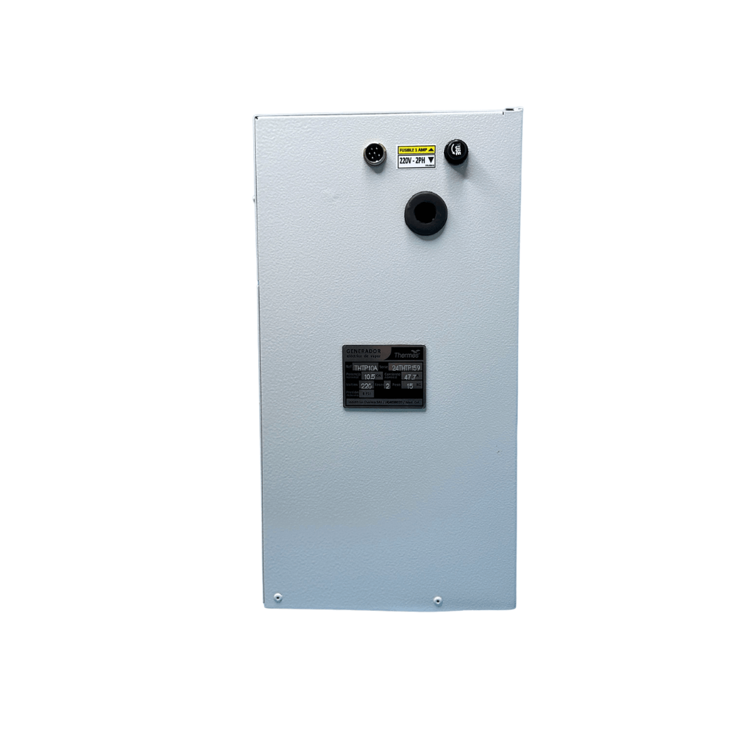 Equipo para baño turco 9kW, 220V, 2PH,con control digital, drenaje automático y boquilla de salida de vapor. Marca Thermes.
