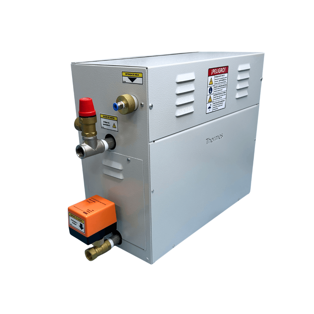 Equipo para baño turco 10kW, 220V, 2PH, con control digital, drenaje automático y boquilla de salida de vapor. Marca Thermes.