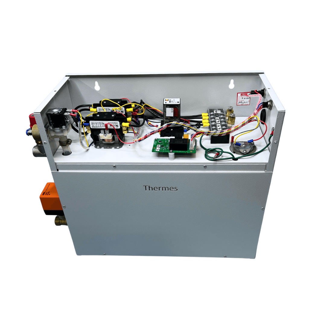 Equipo para baño turco 10kW, 220V, 2PH, con control digital, drenaje automático y boquilla de salida de vapor. Marca Thermes.
